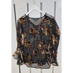 Karen Kane Sheer Velvet Burnout Top Small Black Rose Bell Sleeve Whimsigoth